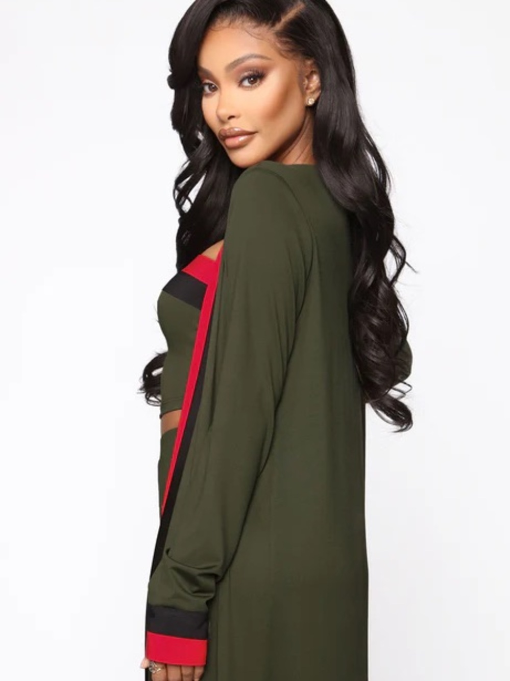 My way 3 pc Olive Green  Lounge Jumpsuit Set with Red Trim - Picture 3 of 4